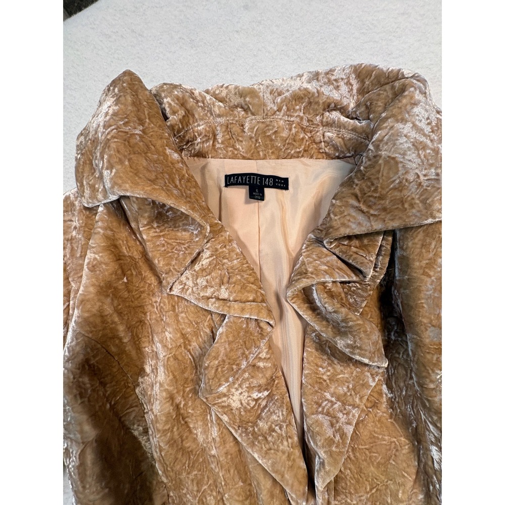 Lafayette 148 New York Crushed Velvet Ruffle Jacket Champagne Gold Belted Size 6 - Picture 3 of 10